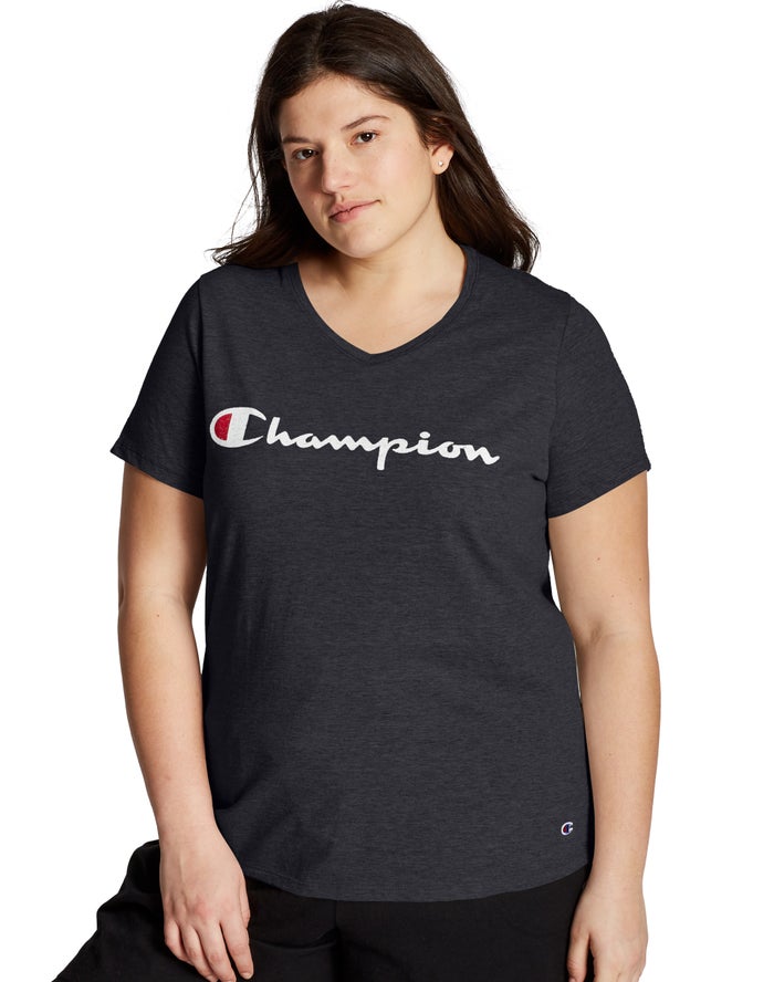 Champion T-Shirt Dames - Zwart - Plus Jersey V-Neck Script Logo ( 648921-EPY )